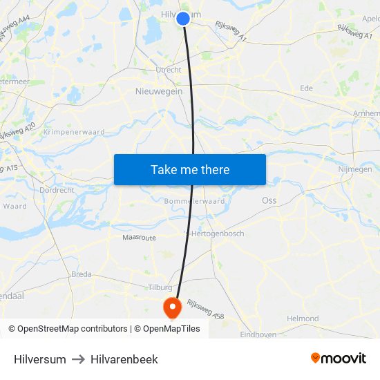 Hilversum to Hilvarenbeek map