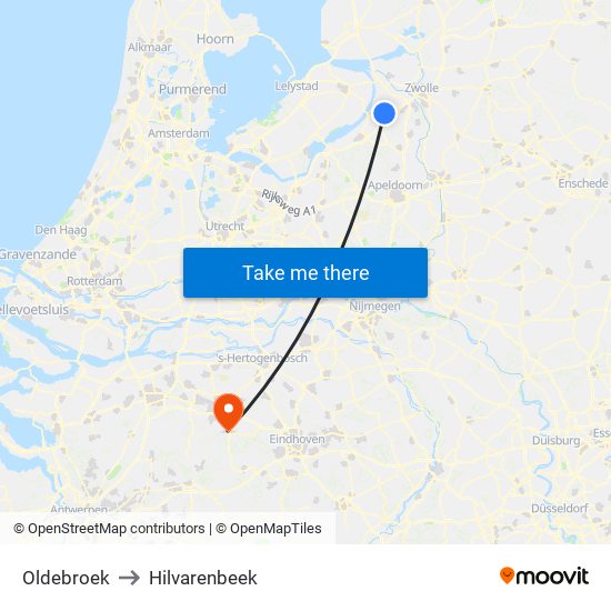 Oldebroek to Hilvarenbeek map