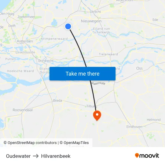 Oudewater to Hilvarenbeek map