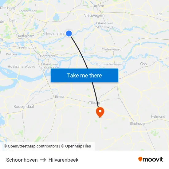 Schoonhoven to Hilvarenbeek map