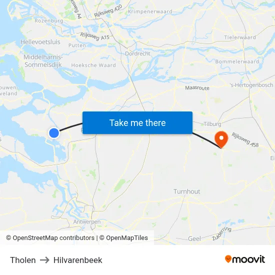 Tholen to Hilvarenbeek map