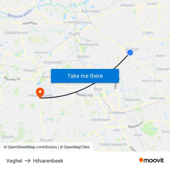 Veghel to Hilvarenbeek map