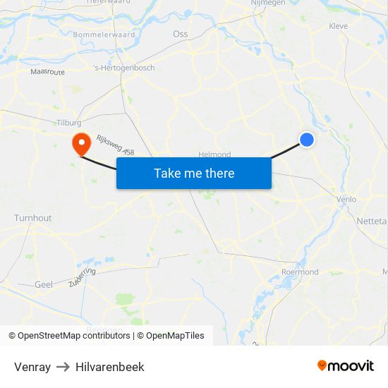 Venray to Hilvarenbeek map