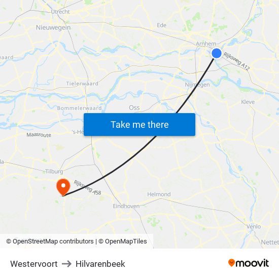 Westervoort to Hilvarenbeek map