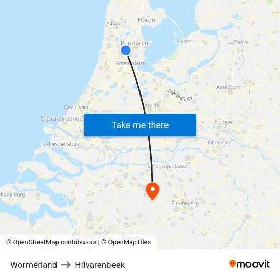 Wormerland to Hilvarenbeek map