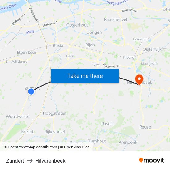 Zundert to Hilvarenbeek map