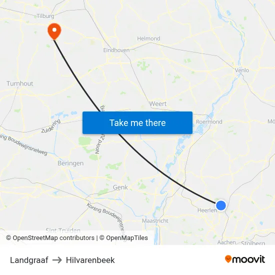 Landgraaf to Hilvarenbeek map
