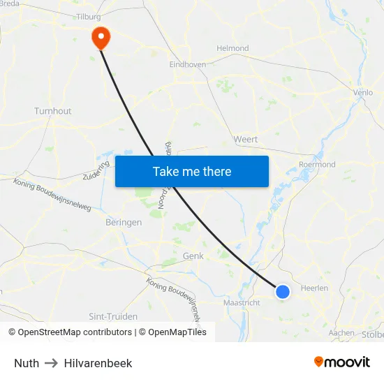 Nuth to Hilvarenbeek map