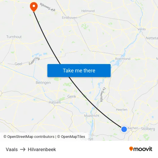 Vaals to Hilvarenbeek map