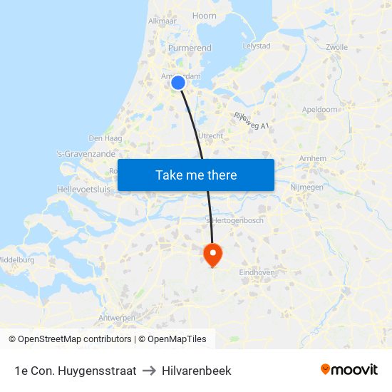 1e Con. Huygensstraat to Hilvarenbeek map