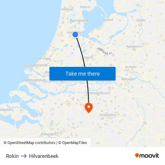 Rokin to Hilvarenbeek map