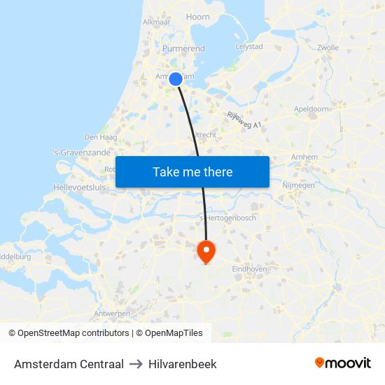 Amsterdam Centraal to Hilvarenbeek map