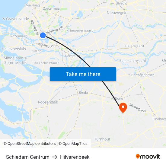 Schiedam Centrum to Hilvarenbeek map