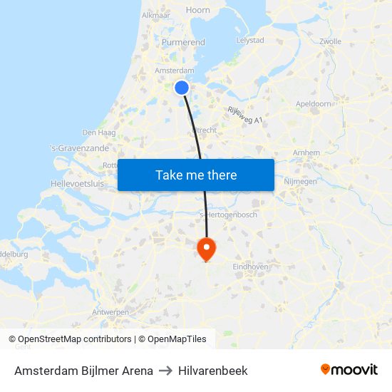 Amsterdam Bijlmer Arena to Hilvarenbeek map