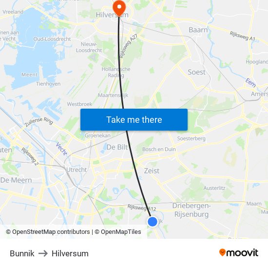 Bunnik to Hilversum map