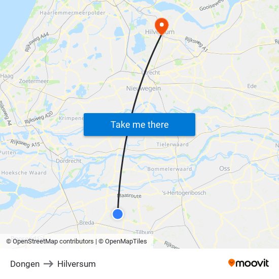 Dongen to Hilversum map