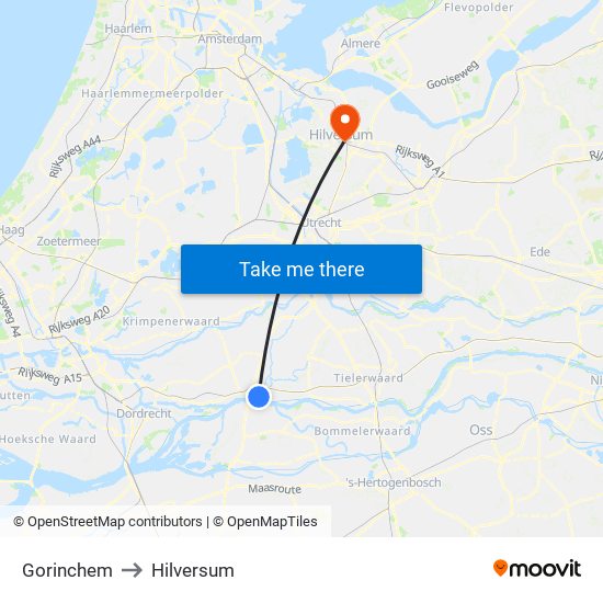 Gorinchem to Hilversum map