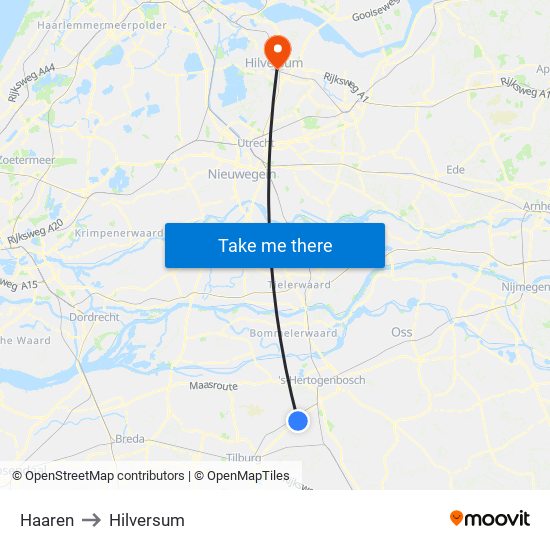 Haaren to Hilversum map