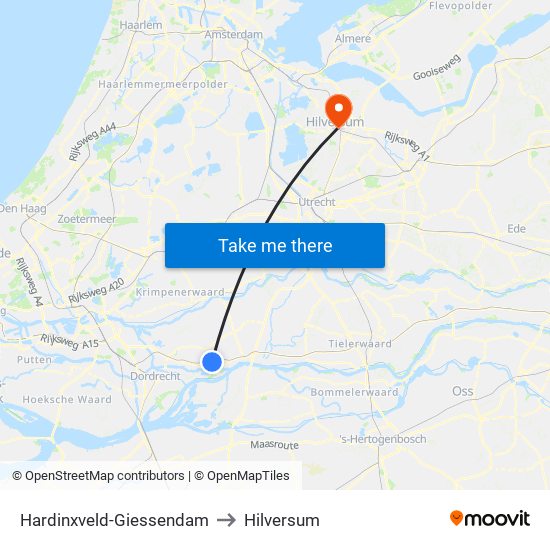 Hardinxveld-Giessendam to Hilversum map