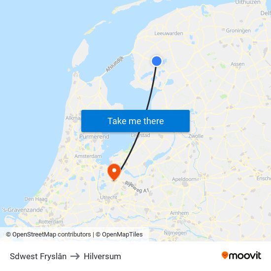 Sdwest Fryslân to Hilversum map