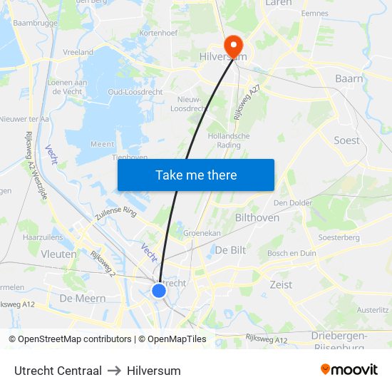 Utrecht Centraal to Hilversum map