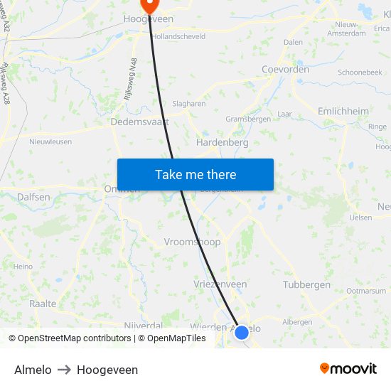 Almelo to Hoogeveen map