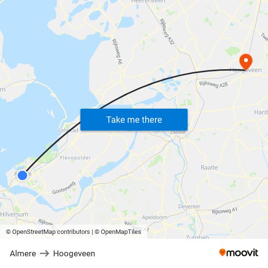Almere to Hoogeveen map