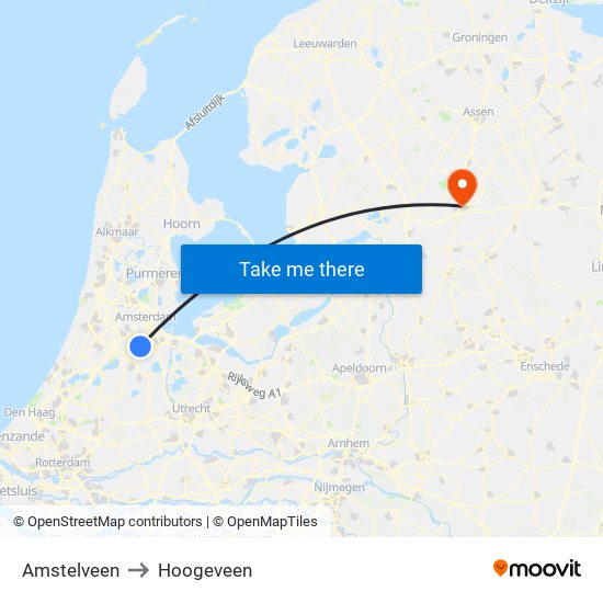 Amstelveen to Hoogeveen map