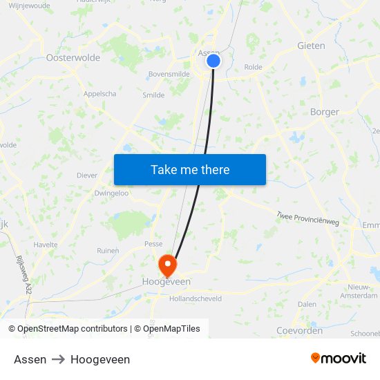 Assen to Hoogeveen map