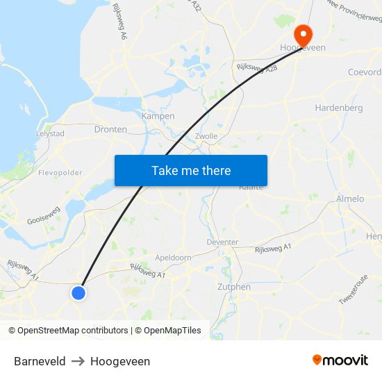 Barneveld to Hoogeveen map