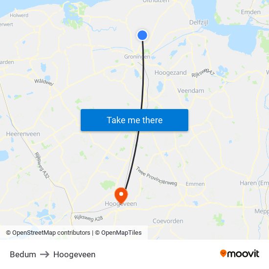 Bedum to Hoogeveen map