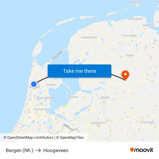 Bergen (Nh.) to Hoogeveen map