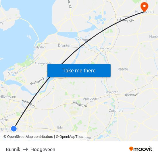 Bunnik to Hoogeveen map