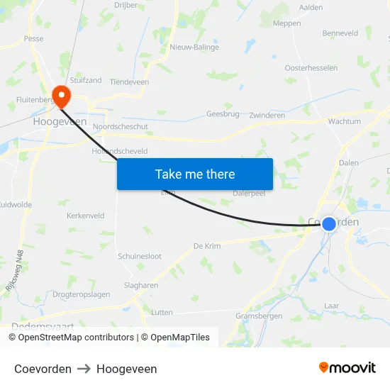 Coevorden to Hoogeveen map