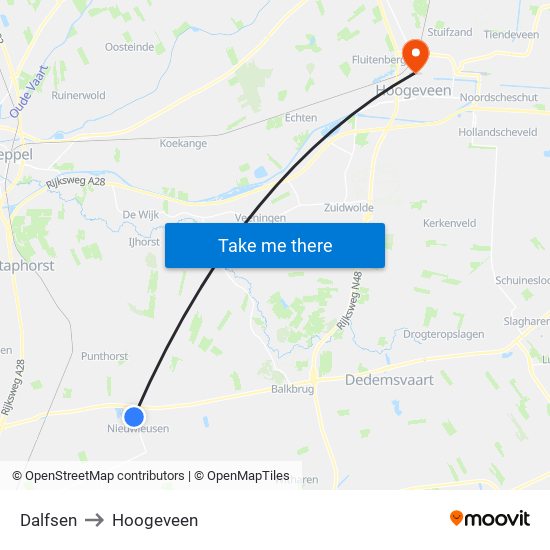 Dalfsen to Hoogeveen map