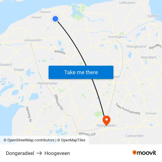 Dongeradeel to Hoogeveen map