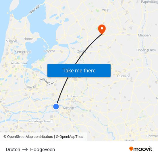Druten to Hoogeveen map