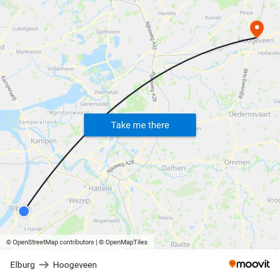 Elburg to Hoogeveen map