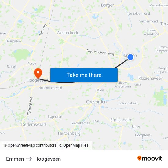 Emmen to Hoogeveen map