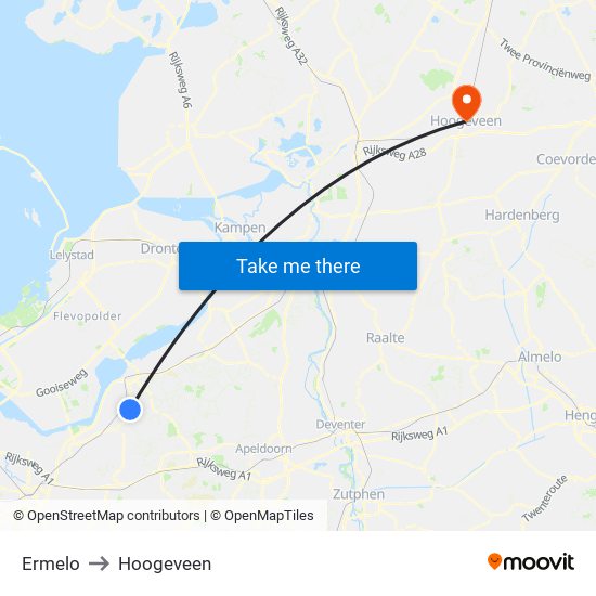 Ermelo to Hoogeveen map