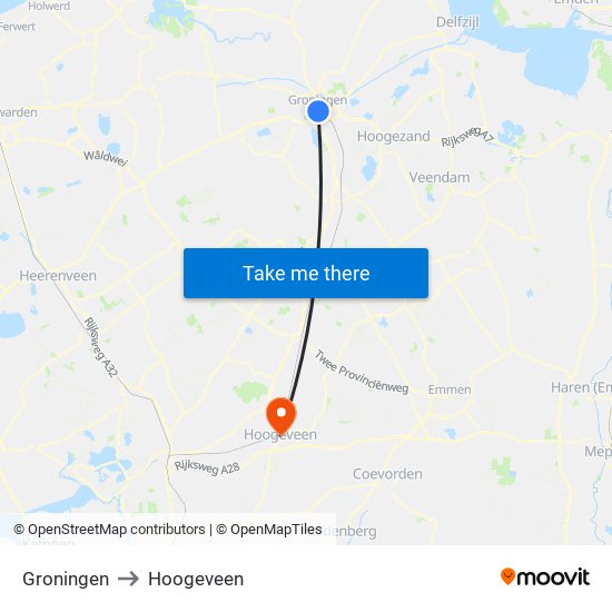 Groningen to Hoogeveen map