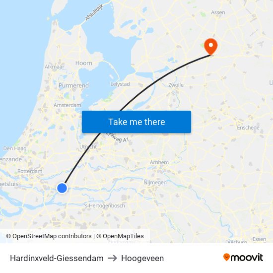 Hardinxveld-Giessendam to Hoogeveen map