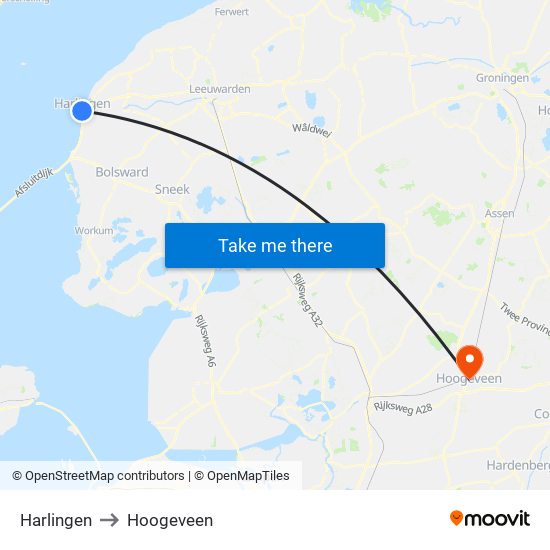 Harlingen to Hoogeveen map