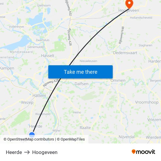 Heerde to Hoogeveen map