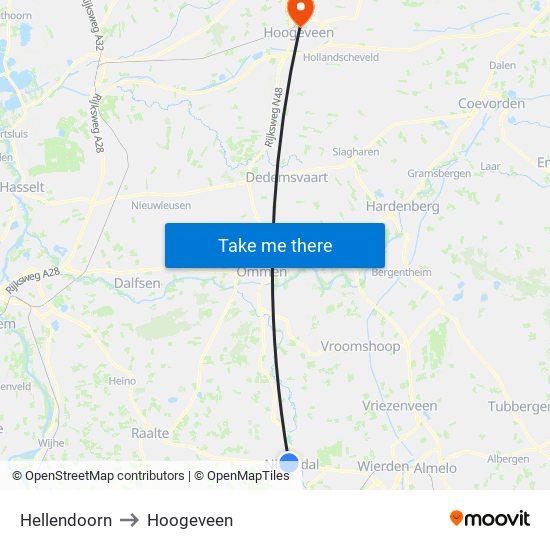 Hellendoorn to Hoogeveen map