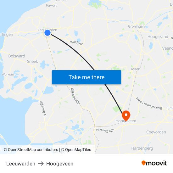 Leeuwarden to Hoogeveen map