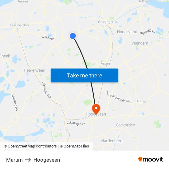 Marum to Hoogeveen map