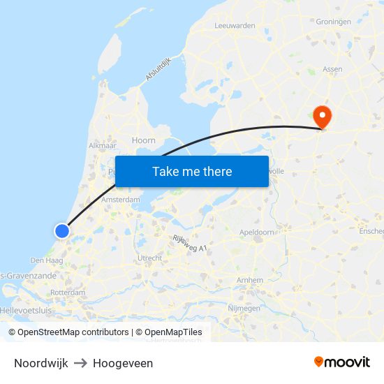 Noordwijk to Hoogeveen map