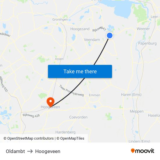 Oldambt to Hoogeveen map