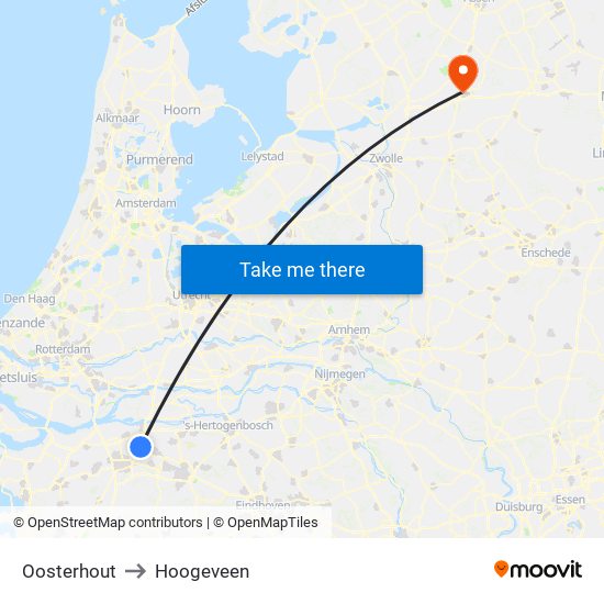 Oosterhout to Hoogeveen map